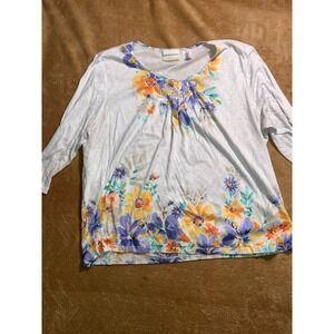 Alfred Dunner Women 2XL Colorful Spring Floral Embellishment 3/4 Sleeve Blouse